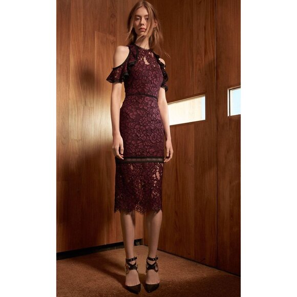 Alexis Evie Lace Sheath Midi Dress Cold Shoulder Burgundy Wine Medium - Picture 2 of 16